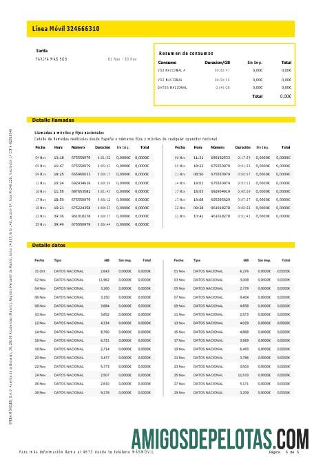 Espanha Masmovil Internet e fatura de serviços públicos móveis Formatos Word e PDF, 5 páginas. amostra